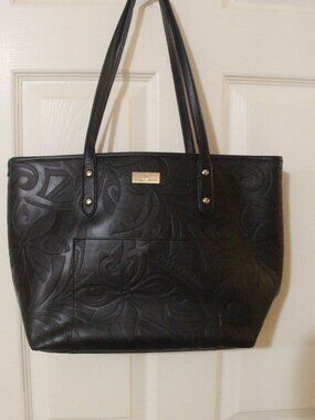 Title: Happy Wahine Black Floral Embossed Shoulder Tote